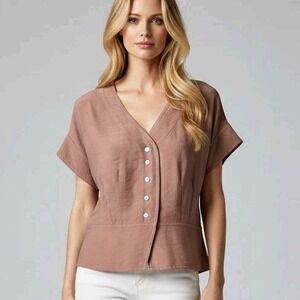 Madewell XXS NWT Wood Rose Cupro Button Front Peplum Top Short Sleeve